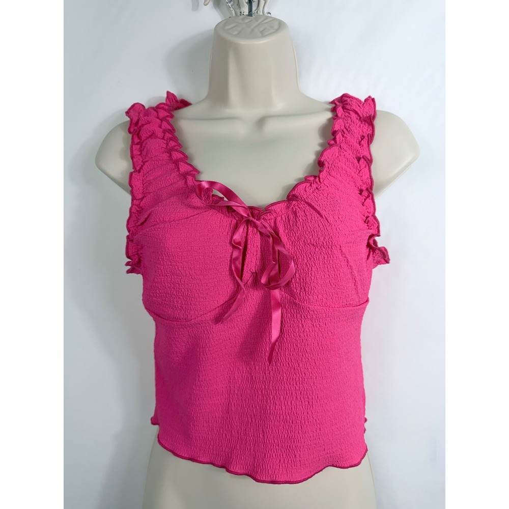 Womens Tank Top Small Pink Smocked Ruffle Strap Ribbon Tie Coquette Y2K‎ Shein